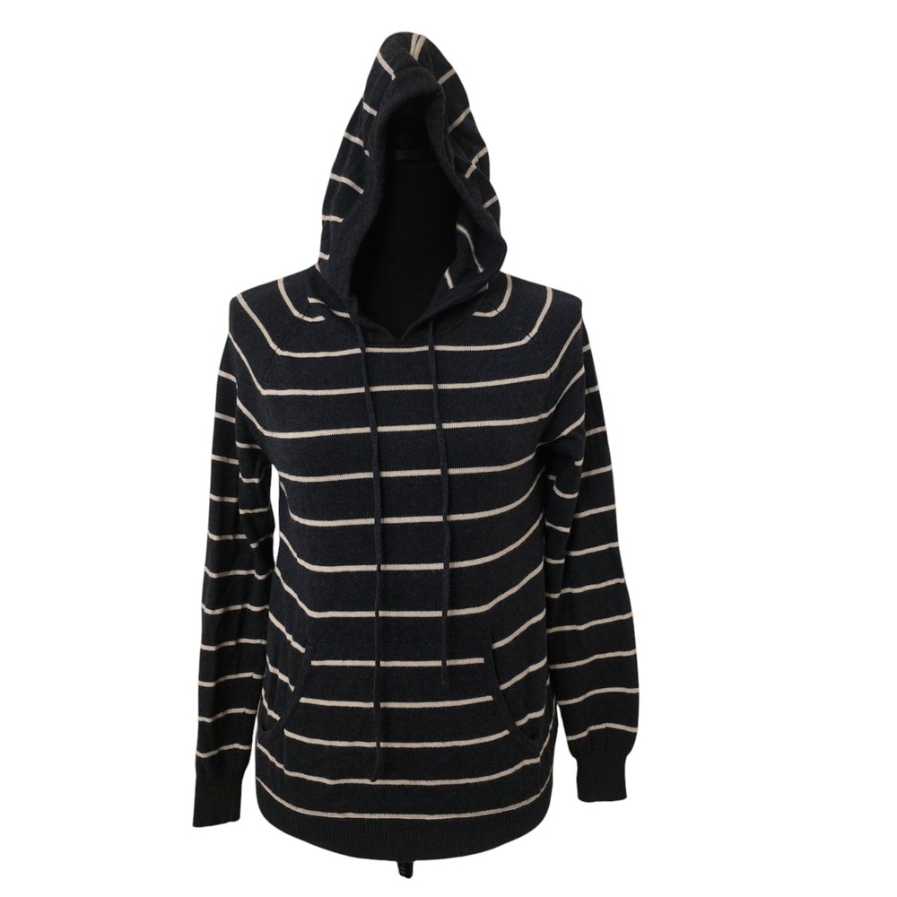 I Love H81 Womens Navy Blue Striped Angora Blend Pullover Hoodie Sweater Small